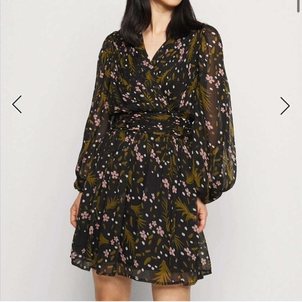 Vero Moda Black Pink Floral Sheer Long Sleeve V Neck Dress Size Medium